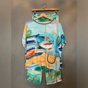 NINO WONG  Watercolor Sailboat Art-to-Wear Vintage Rayon 2 piece set